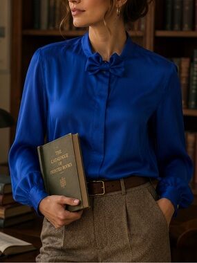 VTG 80s T R Bentley Bow-Neck Satin Blouse Cobalt Blue Shoulder Pads Pearl